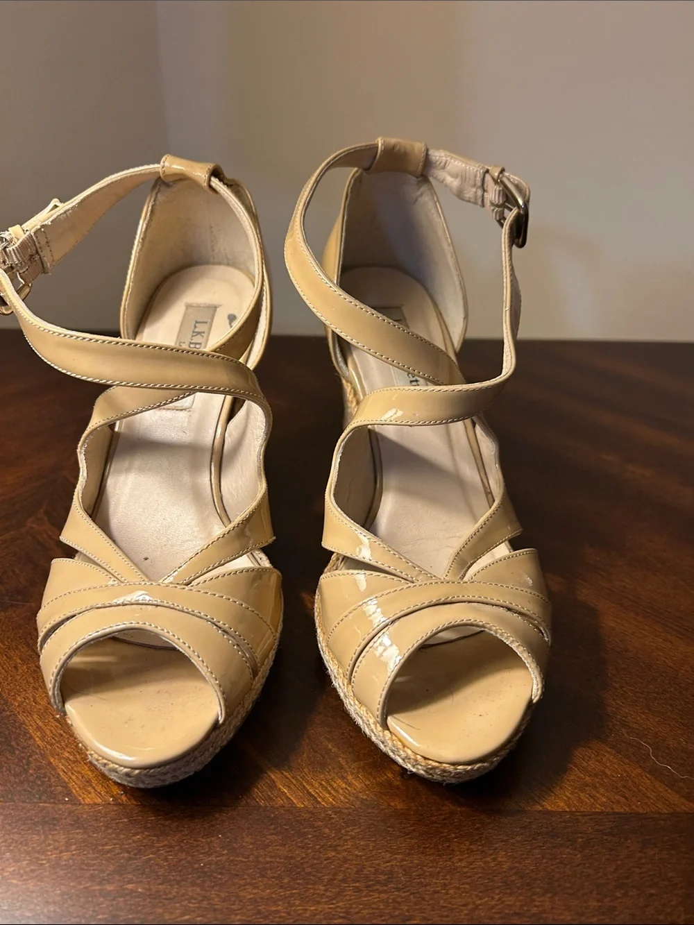 L. K. Bennett Patent Nude Braided Wedge Heels